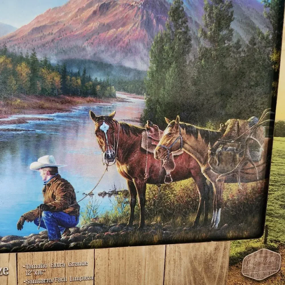 NEW Cowboy & Horses at Stream Tempered Glass Cutting Board 12x16
